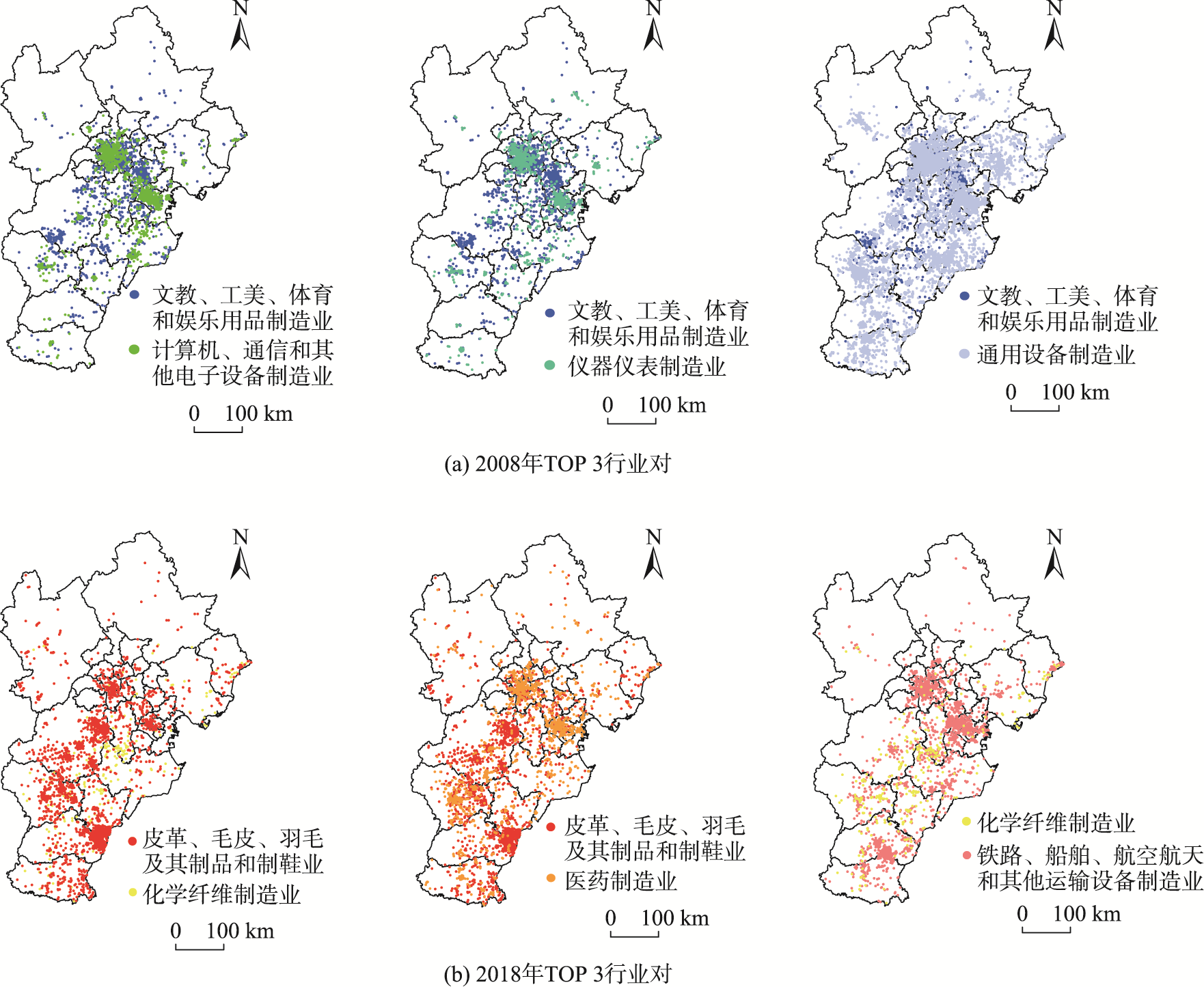 2008年和2018年协同集聚强度值TOP 3行业对企业地理分布
