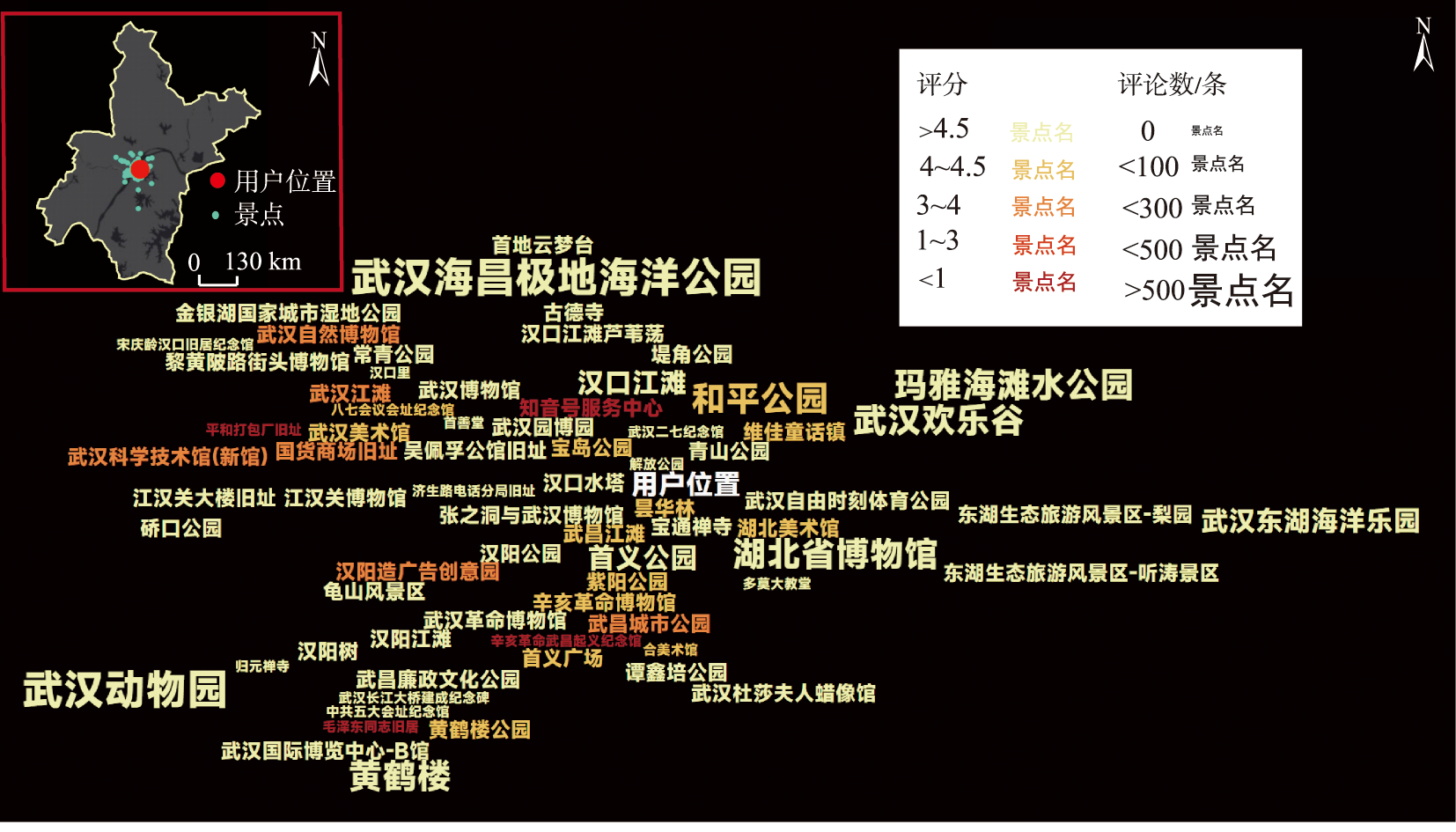 通行时间1 h以内的景点LBS标签云