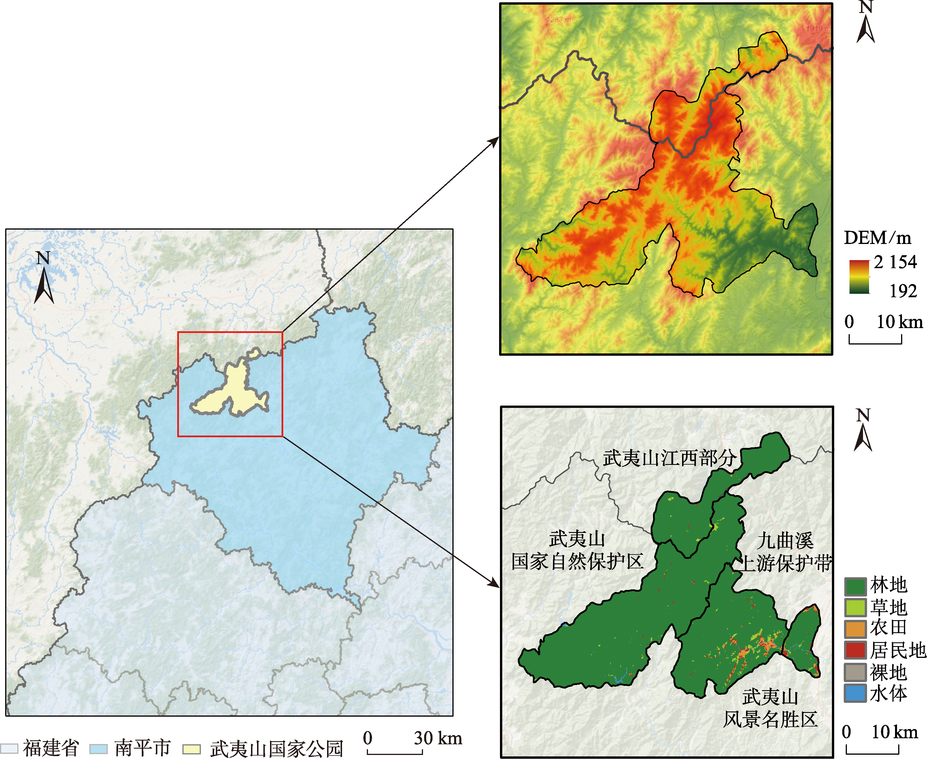 武夷山国家公园位置及DEM、2021年土地利用示意图