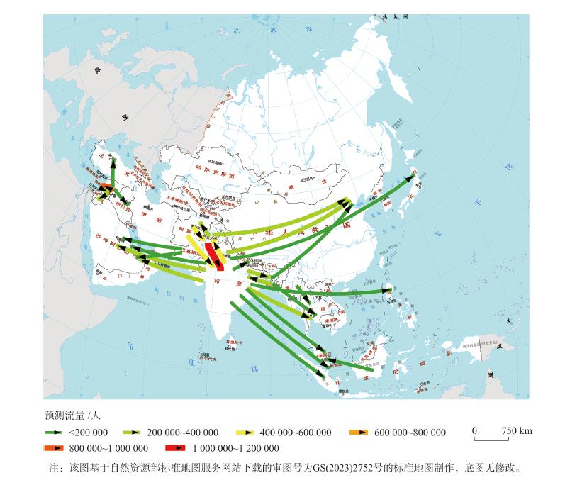 2020-2025年亚洲国际人口迁移流预测结果前30条的空间格局（时空滞后滤波模型）