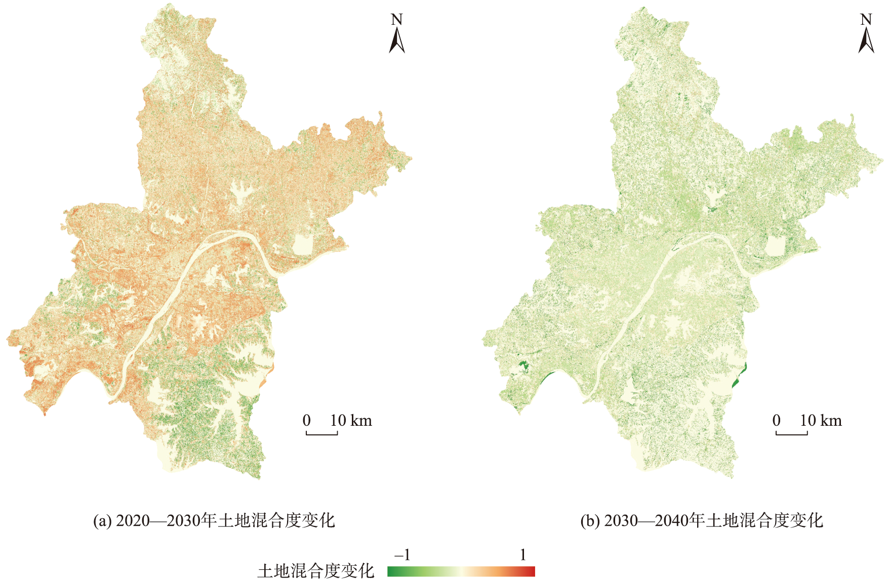 武汉市2020-2030年、2030-2040年土地混合度变化