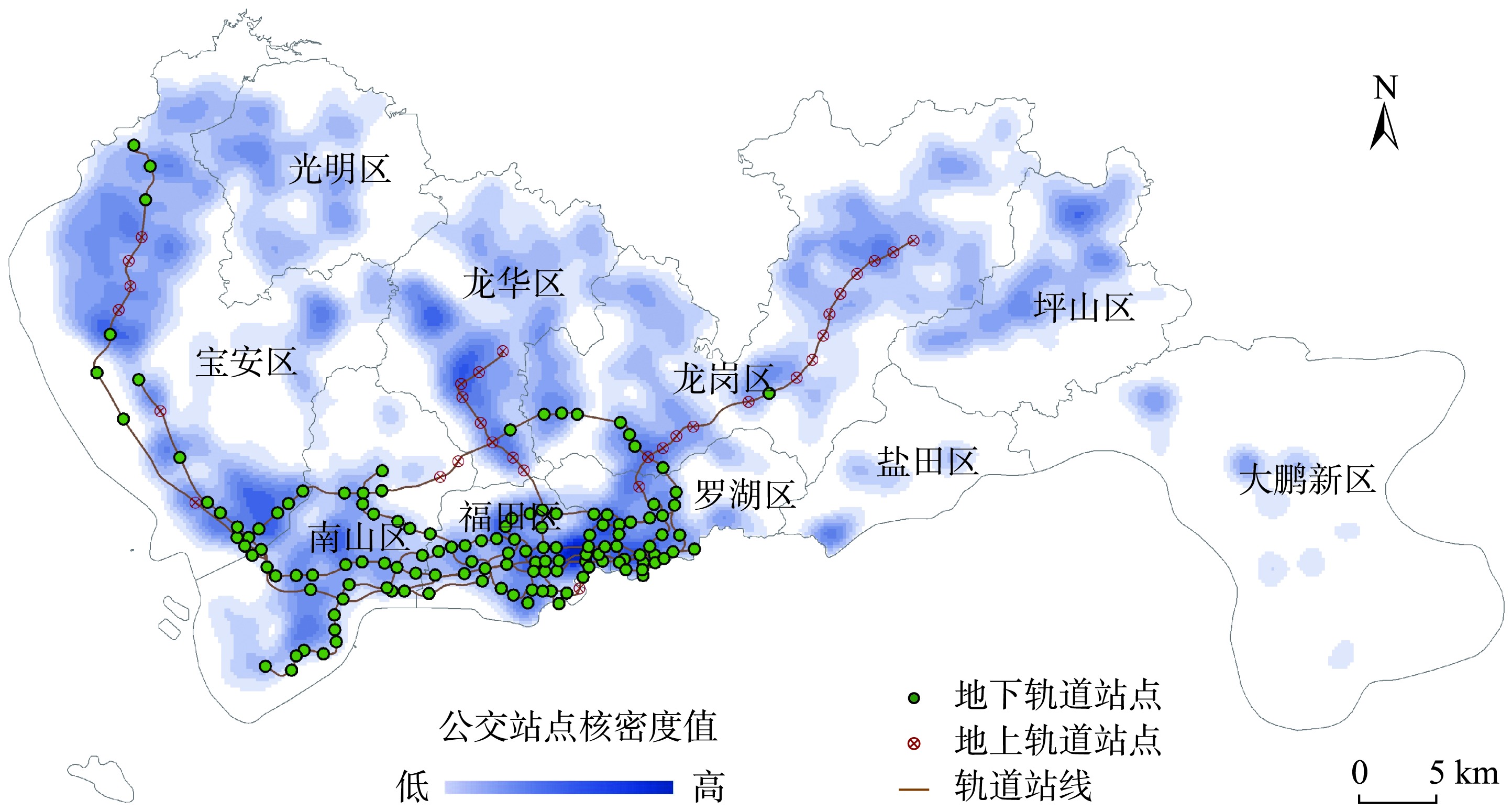 2018年深圳市轨道站点与公交站点核密度分布
