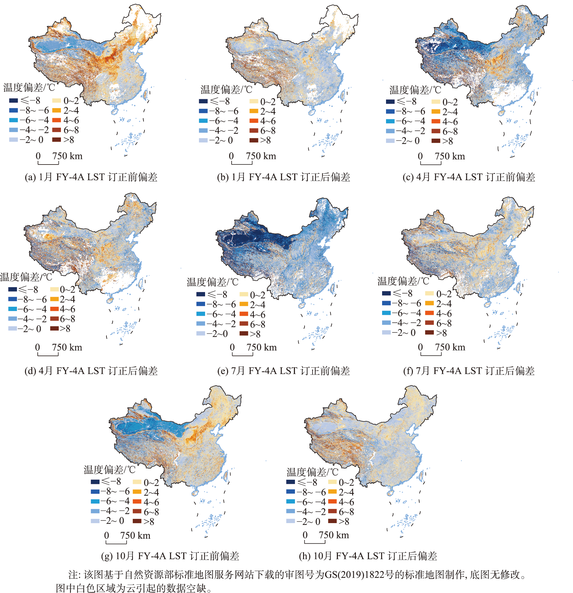 2022年FY-4A LST与MODIS LST月平均偏差分布