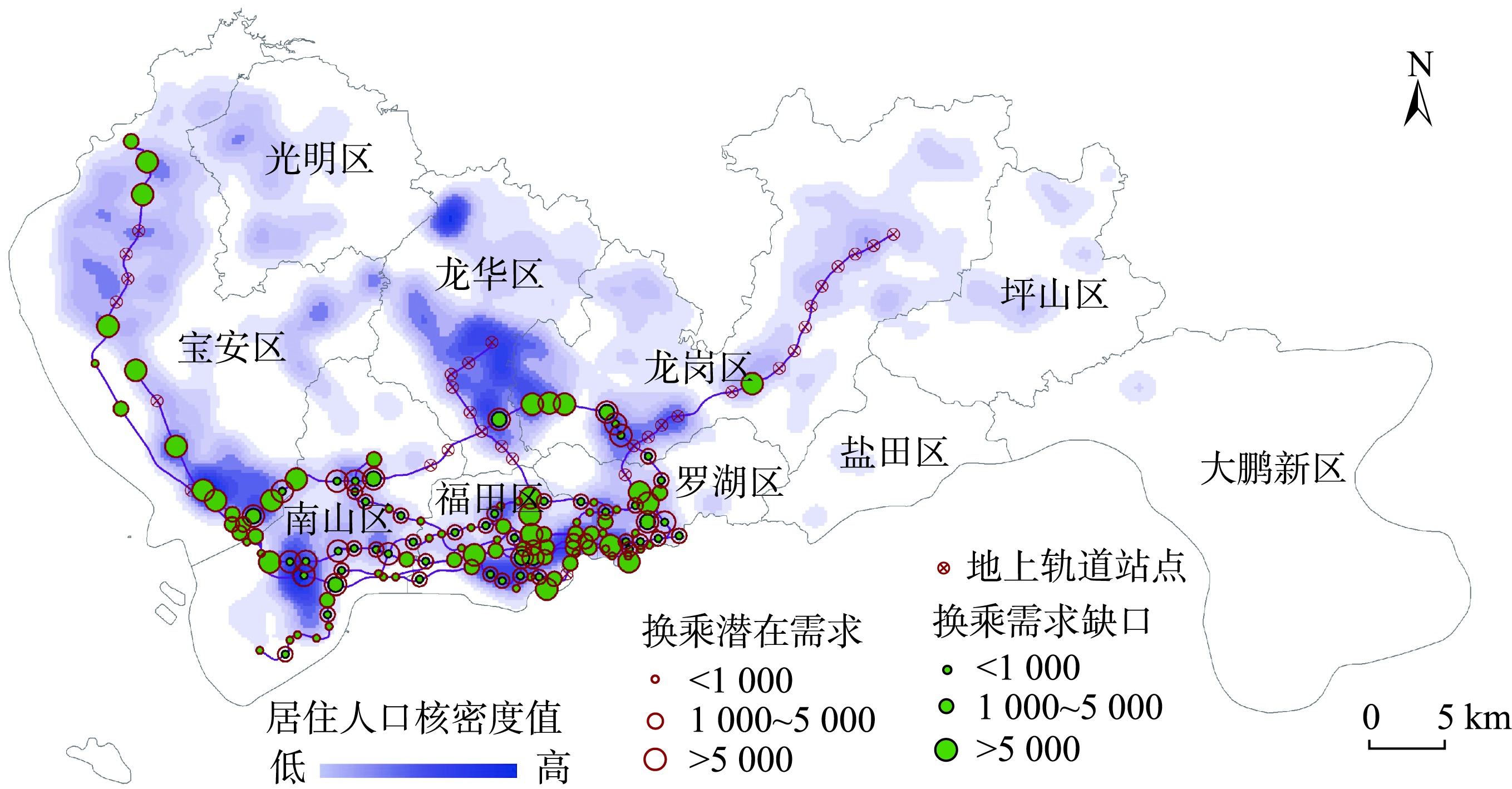 2018年深圳市轨道站点换乘潜在需求量与换乘需求缺口分布