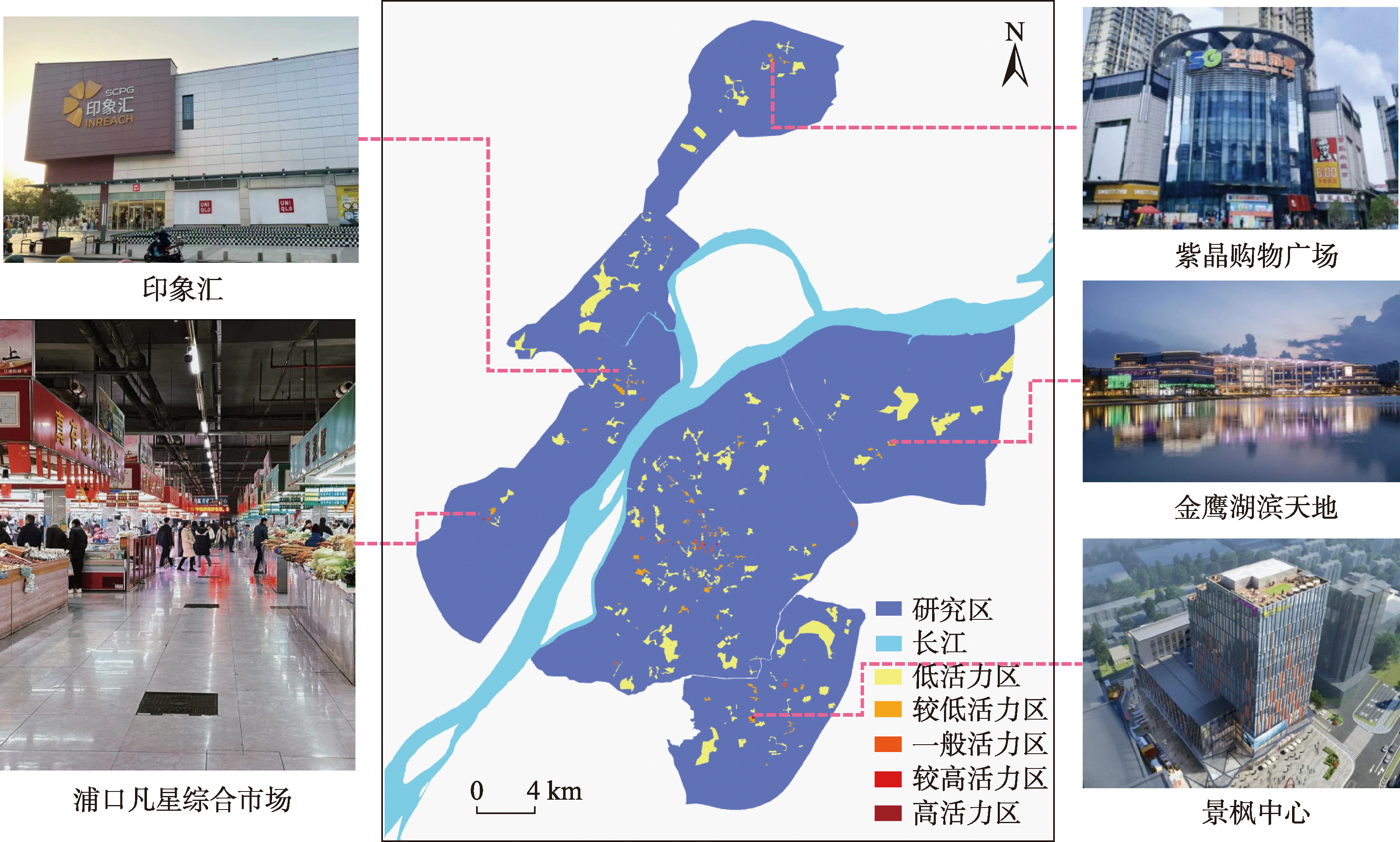 南京市娱乐休闲区休闲空间活力等级空间分布