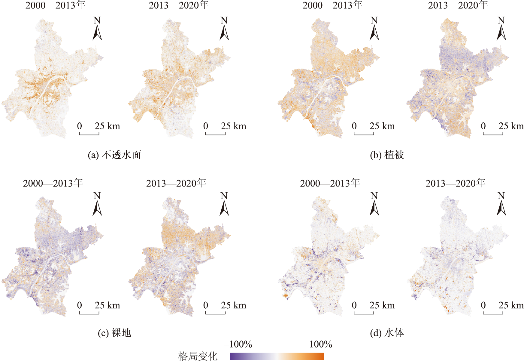 2000-2013年、2013-2020年武汉市土地覆盖格局变化