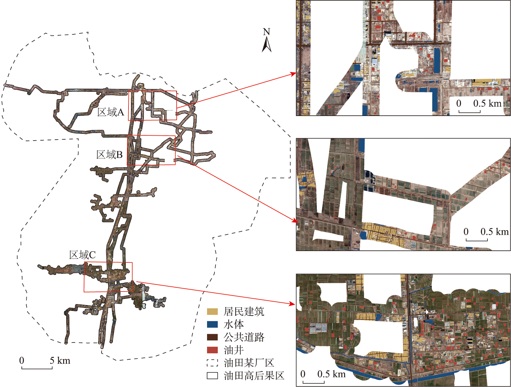 山东省某油田厂区内输油管线高后果区地物分布