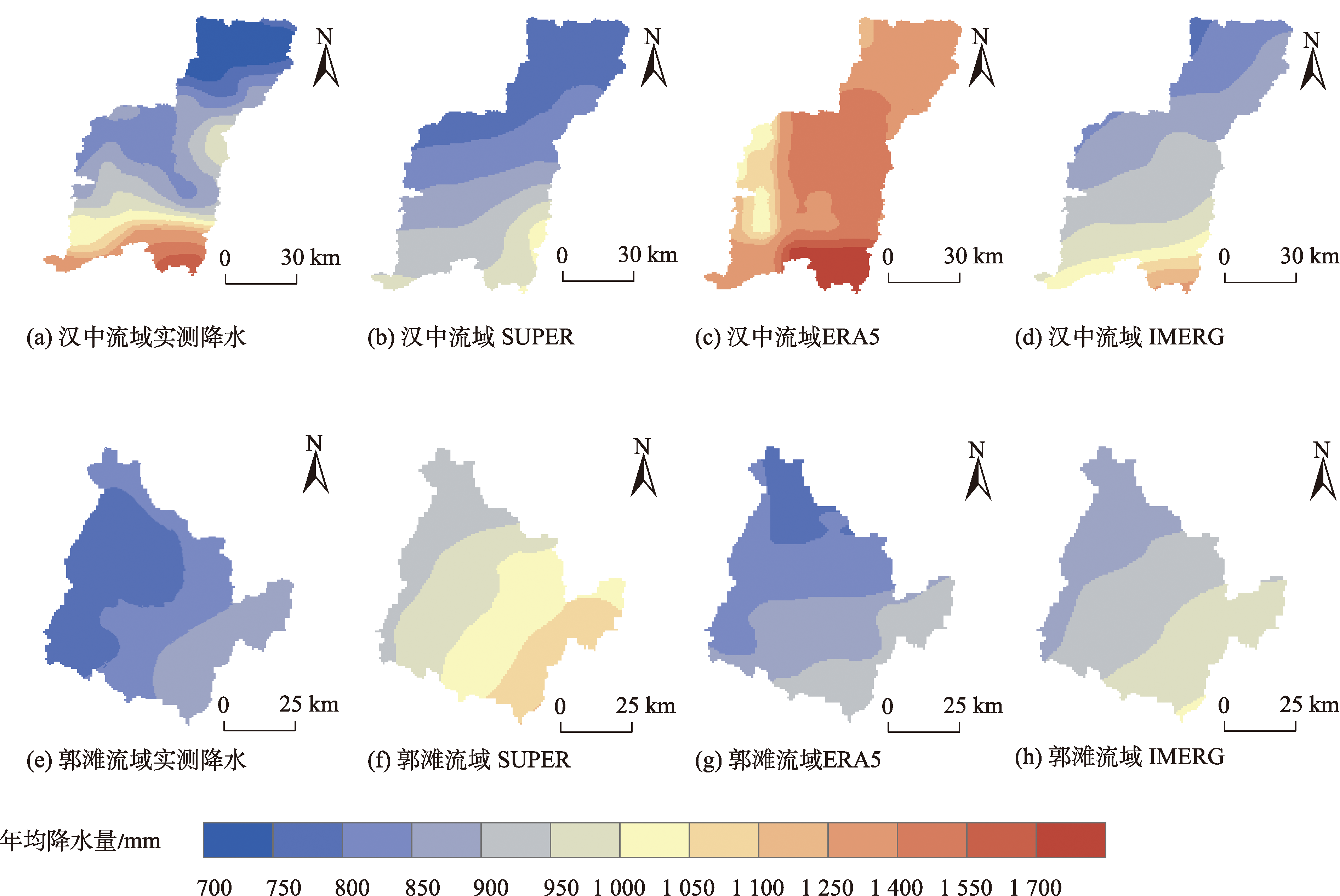 3种降水产品2011—2018年均降水空间分布