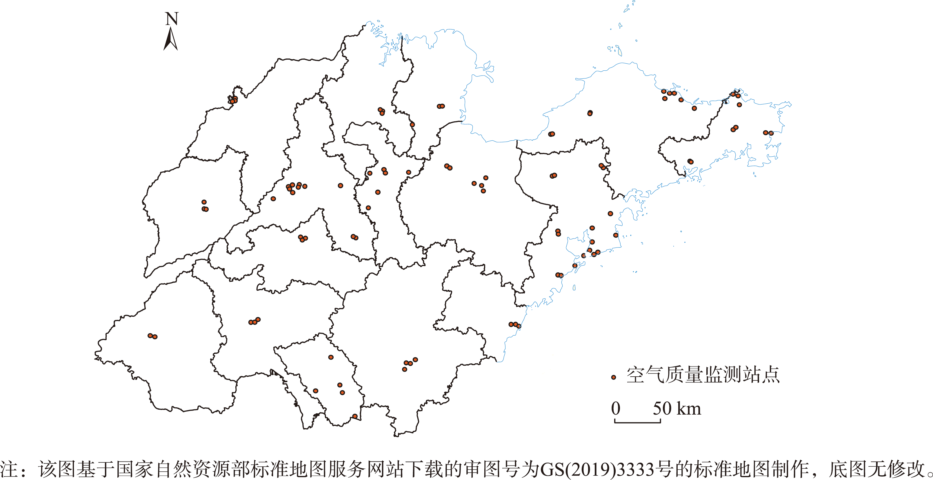 山东省国控空气质量监测站点分布